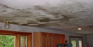 Water Stains On Ceiling Due To Powerful Winds Causing Roof Damage